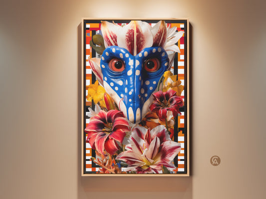 Surreal Mandrill Face Lily Collage Art Print This piece features vibrant red orange and blue flowers. It’s a striking eclectic animal flower canvas art. Add a unique pop art gift to your space with this captivating wall decor.