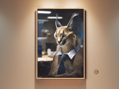 Framed contemporary Caracal art. This office animal portrait adds a unique touch. The business attire wildlife decor features golden yellow and blue tones. An excellent gift for animal art lovers.