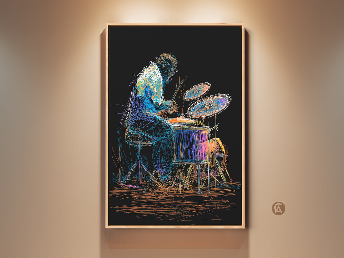 Abstract drummer artwork adds eclectic flair. The canvas print features a musician in vibrant blues yellow orange hues. Perfect gift for music lovers enhance your home studio wall decor with this artistic drummer painting