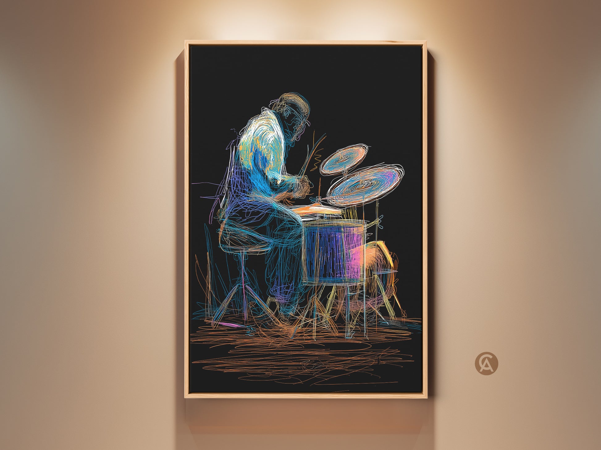 Abstract drummer artwork adds eclectic flair. The canvas print features a musician in vibrant blues yellow orange hues. Perfect gift for music lovers enhance your home studio wall decor with this artistic drummer painting