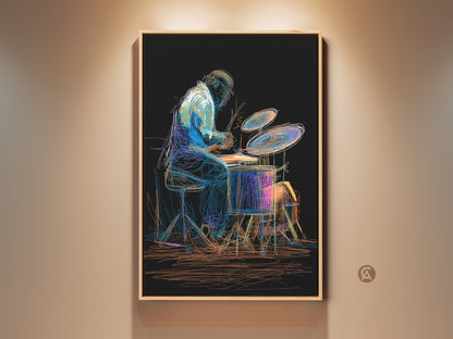 Abstract drummer artwork adds eclectic flair. The canvas print features a musician in vibrant blues yellow orange hues. Perfect gift for music lovers enhance your home studio wall decor with this artistic drummer painting