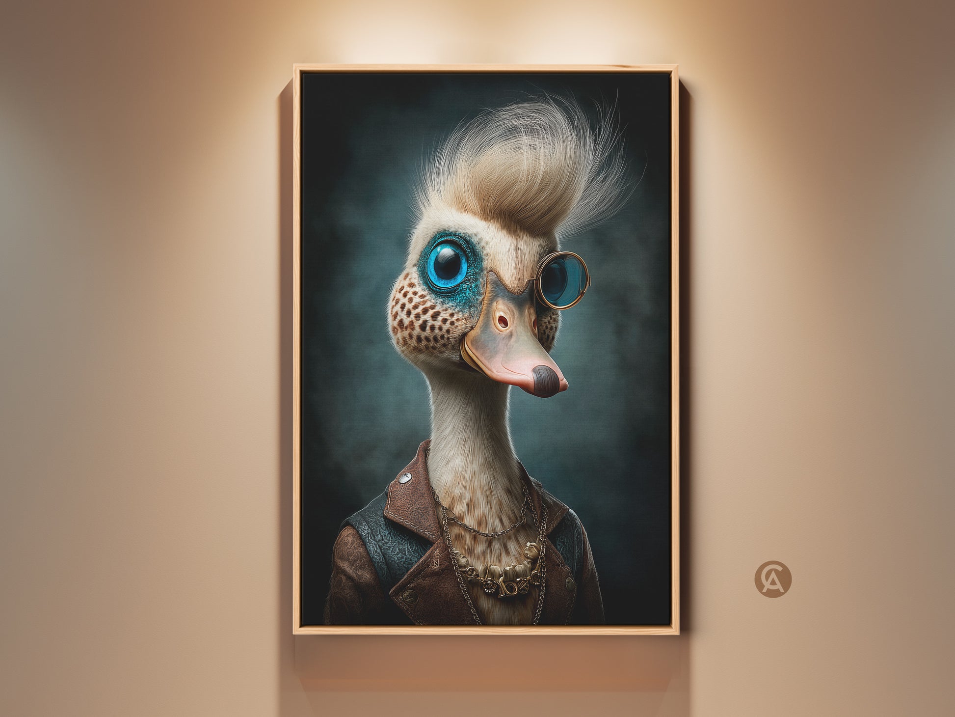 Steampunk Duck Portrait in a frame. This unique wall art adds an eclectic touch to any room. The blue tan and brown tones create a sophisticated yet quirky look. This canvas print is a perfect office decor gift. It is ideal for animal and surrealism art lovers.