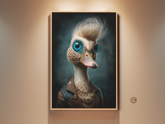 Steampunk Duck Portrait in a frame. This unique wall art adds an eclectic touch to any room. The blue tan and brown tones create a sophisticated yet quirky look. This canvas print is a perfect office decor gift. It is ideal for animal and surrealism art lovers.