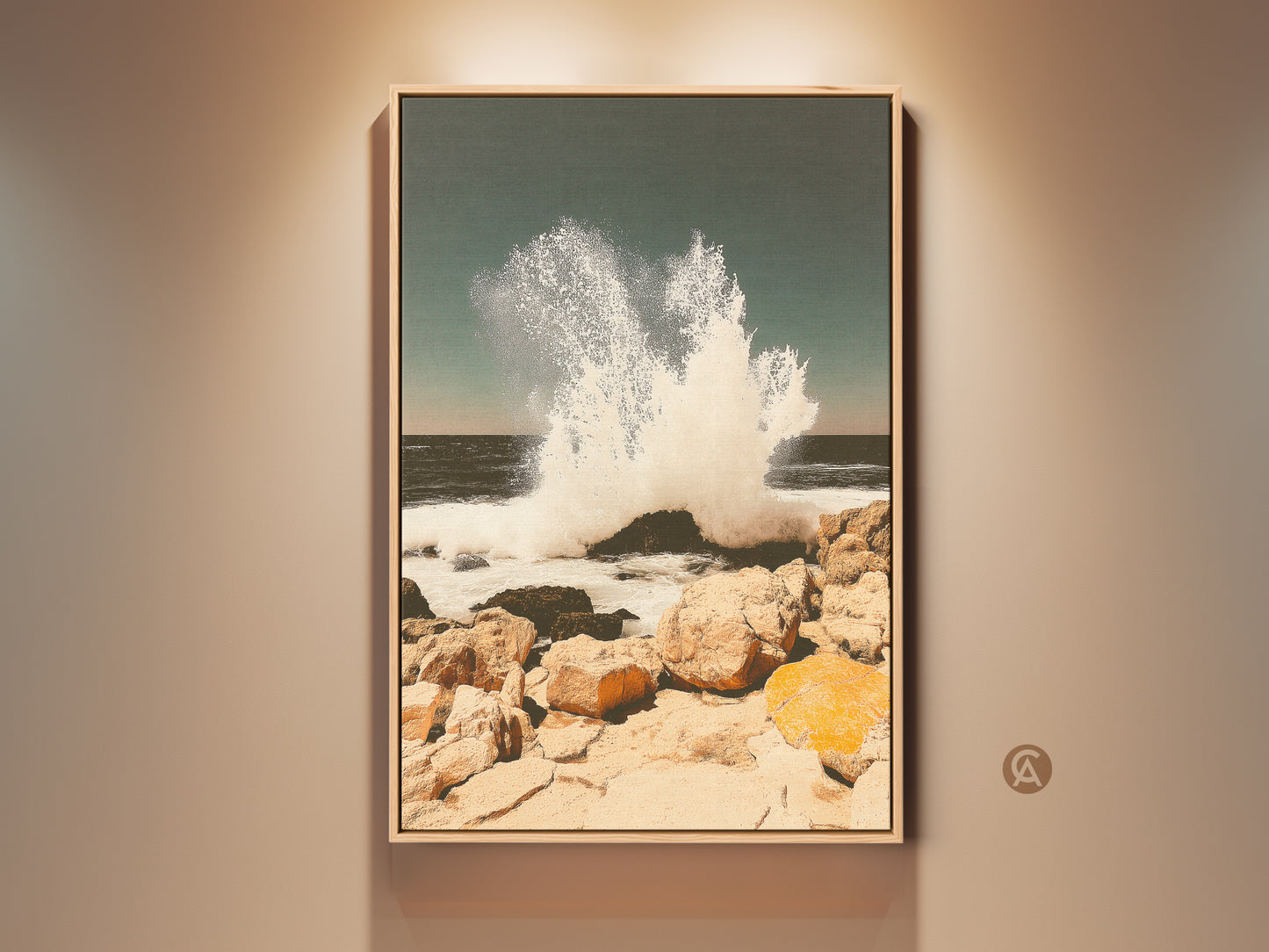 Framed teal wave art print showcases a coastal ocean seascape. This beach house wall art adds an entryway decor touch. It's a perfect housewarming gift. The crashing wave art on canvas brings the ocean's energy to any room. Ideal for beach lovers and nautical themes.