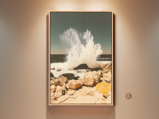 Framed teal wave art print showcases a coastal ocean seascape. This beach house wall art adds an entryway decor touch. It's a perfect housewarming gift. The crashing wave art on canvas brings the ocean's energy to any room. Ideal for beach lovers and nautical themes.