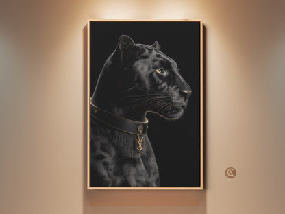 Luxury black panther canvas print. This contemporary animal artwork features a gold collar. Perfect wildlife decor for a modern bedroom. A designer-inspired piece. It adds elegant sophistication to any space.