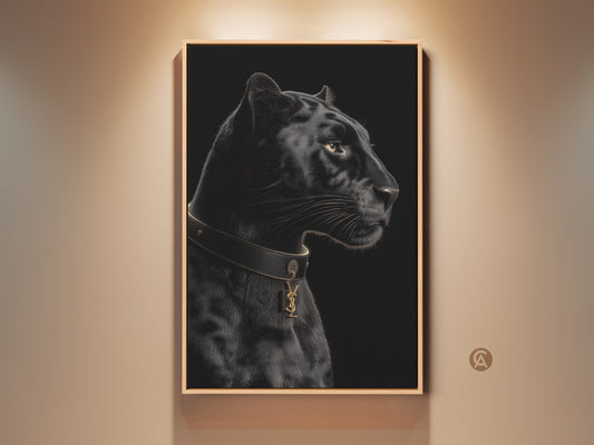 Luxury black panther canvas print. This contemporary animal artwork features a gold collar. Perfect wildlife decor for a modern bedroom. A designer-inspired piece. It adds elegant sophistication to any space.