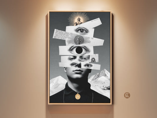 Discover monochrome surreal collage art. This vintage eye portrait art print is an eclectic piece. It enhances your study or office decor. This wall art is a unique anniversary gift. The artwork showcases a captivating blend of surrealism and vintage aesthetics. The monochrome palette adds a sophisticated touch. It is perfect for creating a thought-provoking space.
