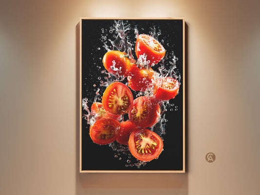 Framed Tomato Splash artwork on a wall. This kitchen art brings a burst of freshness. The floating frame enhances the vibrant colors. It is a perfect piece for food lovers. The art adds a modern touch to any space.