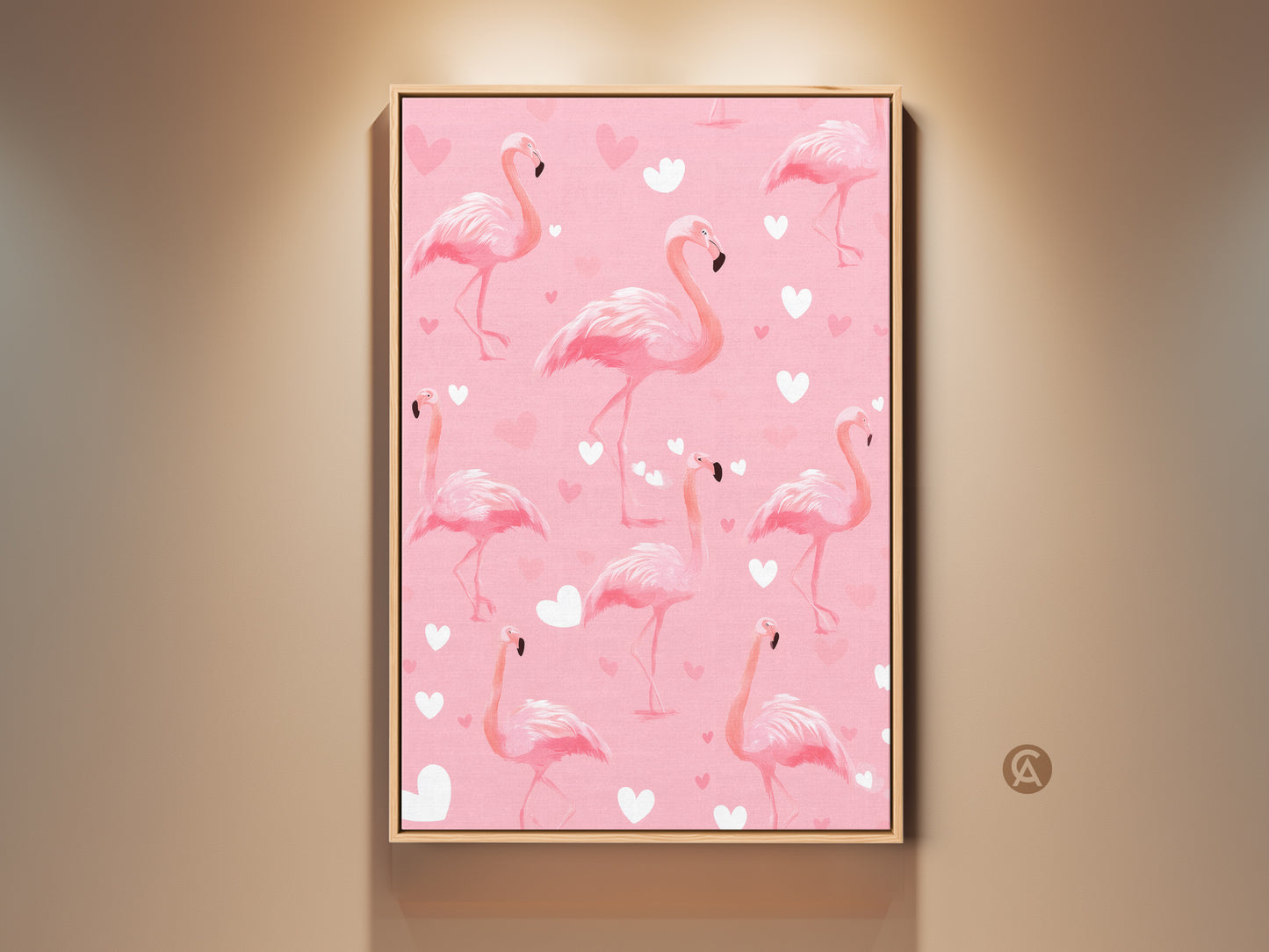 Framed pink flamingo artwork with a cute heart pattern. This tropical bird canvas adds a playful boho touch. Perfect nursery decor gift for animal lovers. It is a vibrant piece that brightens any space.