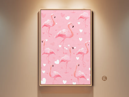 Framed pink flamingo artwork with a cute heart pattern. This tropical bird canvas adds a playful boho touch. Perfect nursery decor gift for animal lovers. It is a vibrant piece that brightens any space.