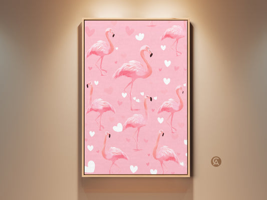 Framed pink flamingo artwork with a cute heart pattern. This tropical bird canvas adds a playful boho touch. Perfect nursery decor gift for animal lovers. It is a vibrant piece that brightens any space.