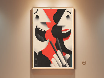 A captivating abstract face canvas print. The artwork features a modern graphic style with bold red black and beige tones. The contemporary figurative artwork is perfect for an entryway.