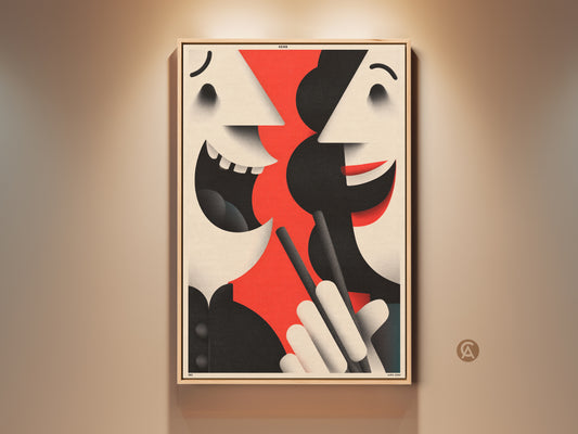 A captivating abstract face canvas print. The artwork features a modern graphic style with bold red black and beige tones. The contemporary figurative artwork is perfect for an entryway.