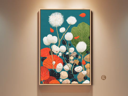 Framed abstract botanical wall art on display. This teal and orange canvas print features a mid century modern dandelion pebble art. Nature inspires this unique artwork. Perfect as bedroom or living room decor.