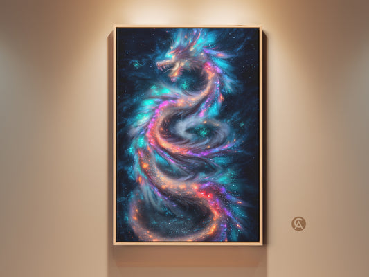 Stunning galaxy dragon canvas print displayed in a frame. The cosmic fantasy art features celestial mythology. The colors are a vibrant blend of blue purple and teal. This wall decor is a perfect gift for fantasy fans.