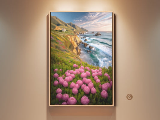 Pink Floral Coastal Canvas artwork displays a framed print. This nature art captures ocean cliffs and green hills. This beach house wall decor is a beautiful housewarming gift.