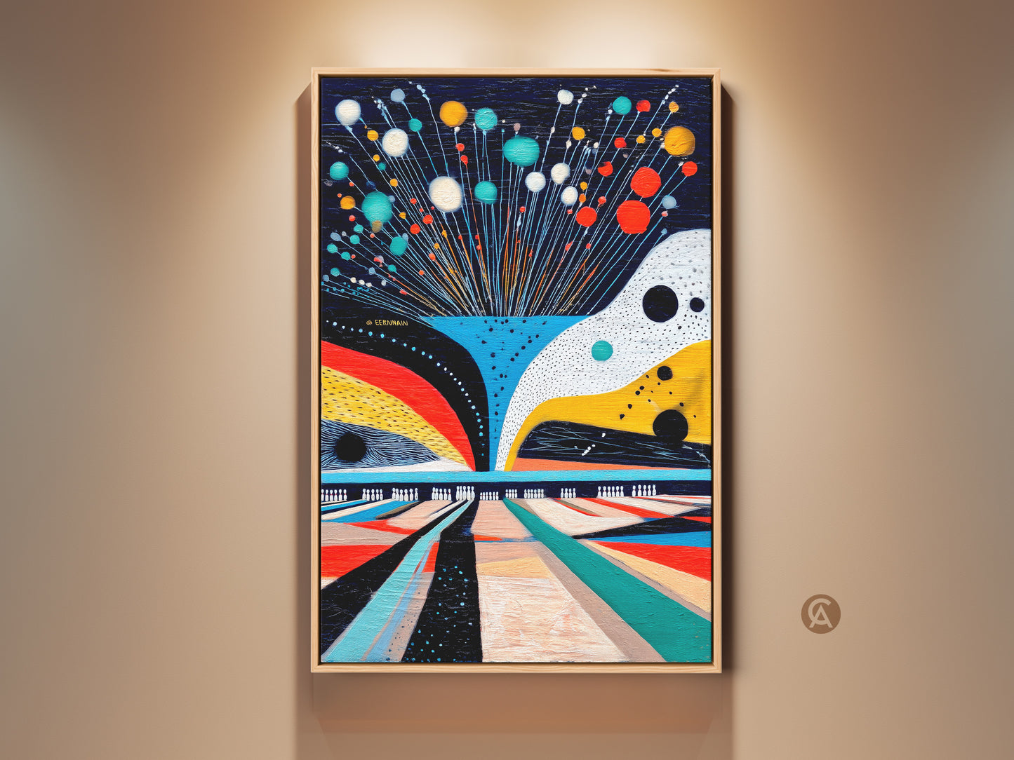 Framed abstract bowling canvas art showcased indoors. Geometric sport themed artwork with teal red and yellow accents. This contemporary piece brings vibrant energy to any wall. Perfect modern artwork for game rooms and bowling enthusiasts.