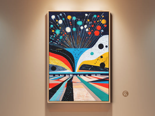 Framed abstract bowling canvas art showcased indoors. Geometric sport themed artwork with teal red and yellow accents. This contemporary piece brings vibrant energy to any wall. Perfect modern artwork for game rooms and bowling enthusiasts.