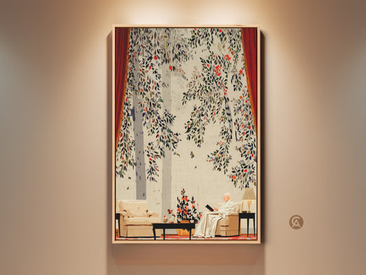 Vintage person reading art print on canvas. Eclectic home decor showcases a man reading surrounded by floral tree branches. The cream red green wall art offers a cozy study gift. This nature-inspired canvas adds a unique touch to any space. Perfect housewarming gift for book lovers seeking classic and artistic room decor.