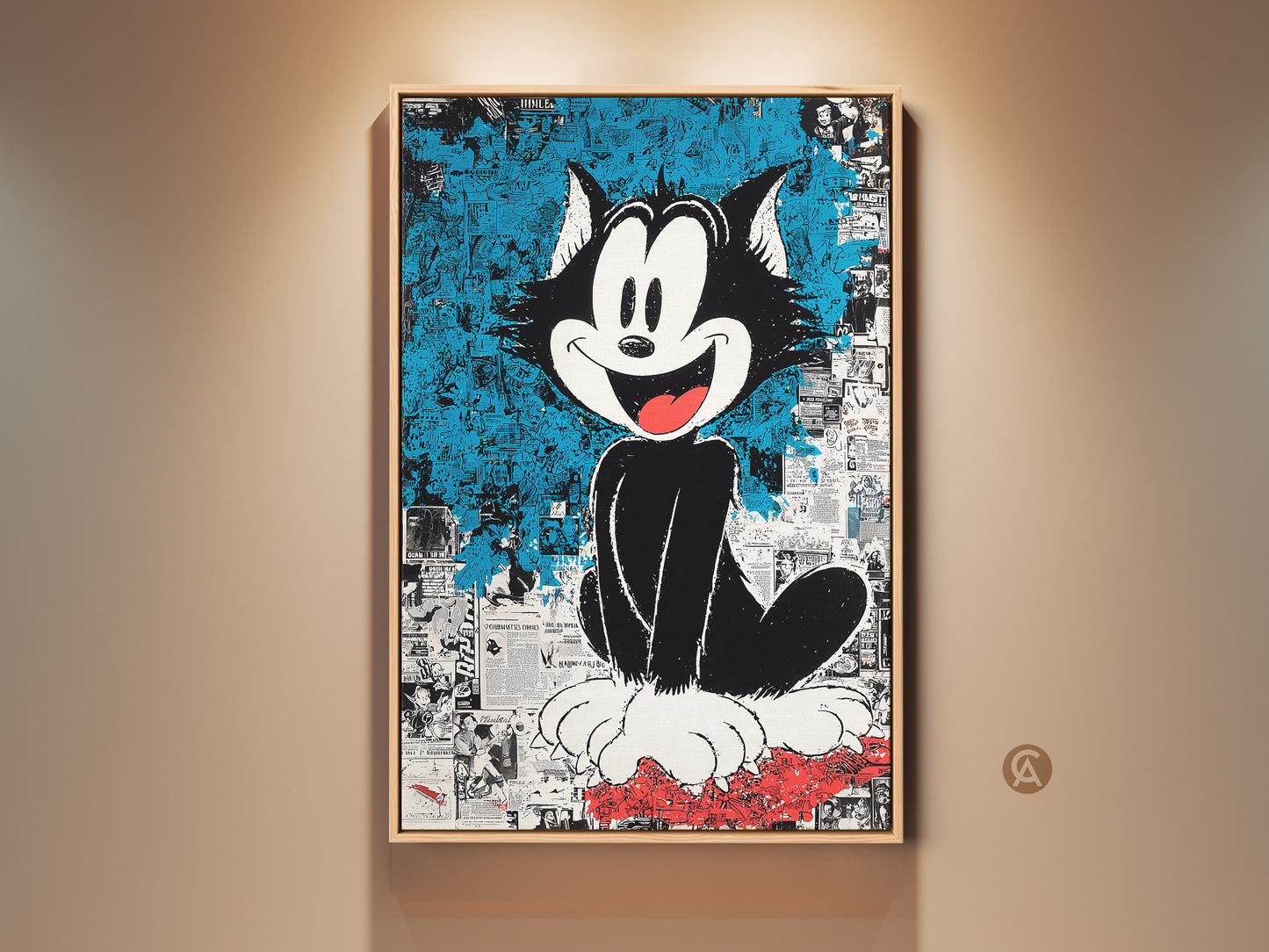Felix the Cat artwork. This art features a cartoon cat on a vibrant blue background. The artwork is framed and adds a touch of nostalgia to any space. A unique piece for cartoon art collectors.