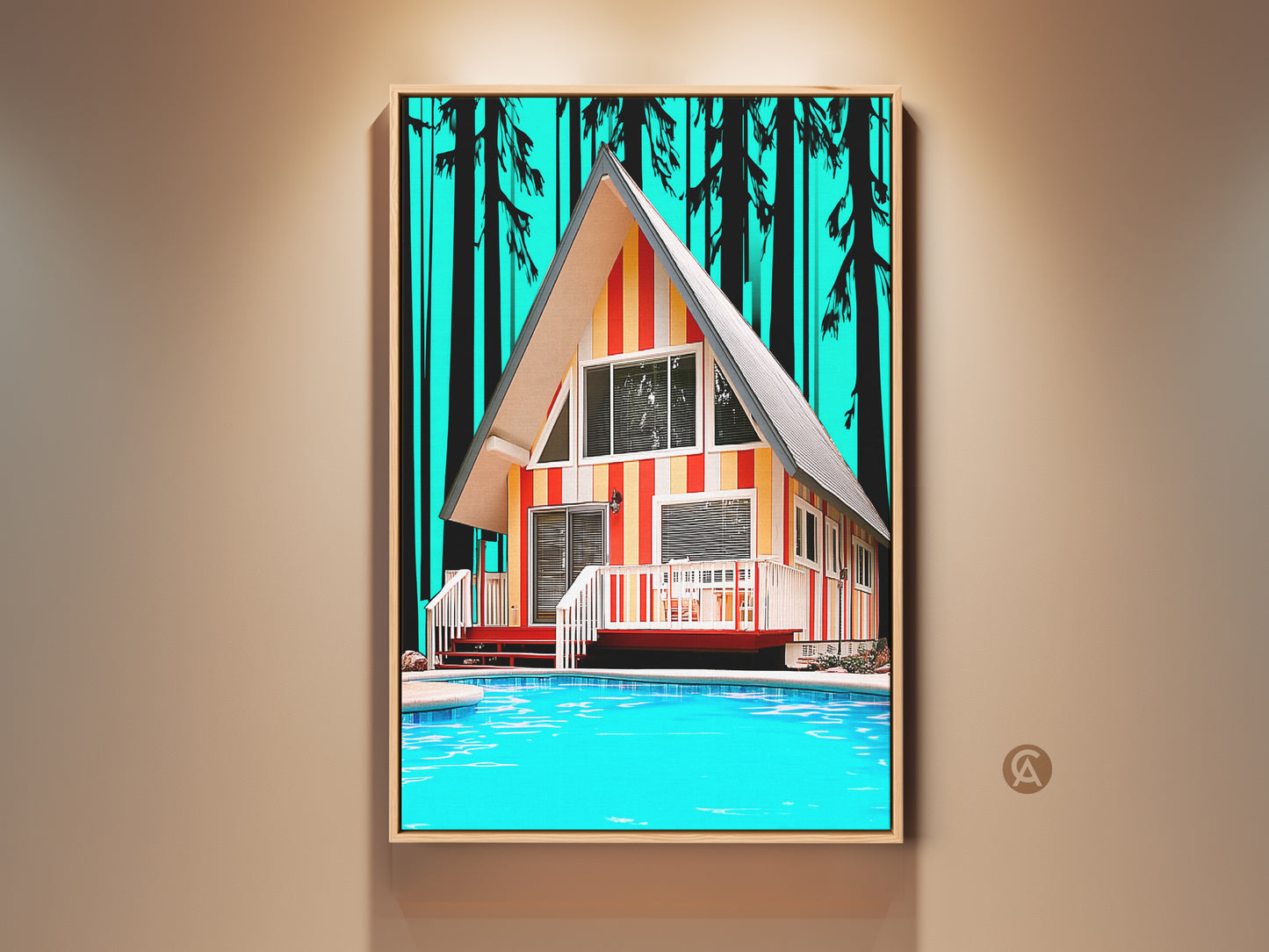 Framed Mid-Century Modern A-Frame Cabin artwork. This poolside canvas print features orange yellow teal summer colors. Perfect vintage home decor. Bring a retro vacation vibe with stylized pine tree artwork against a teal backdrop and bright blue pool art.