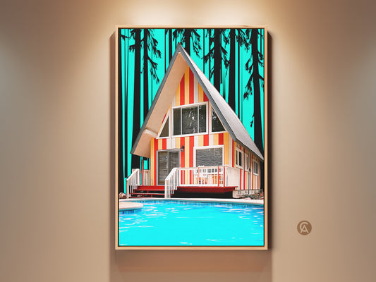 Framed Mid-Century Modern A-Frame Cabin artwork. This poolside canvas print features orange yellow teal summer colors. Perfect vintage home decor. Bring a retro vacation vibe with stylized pine tree artwork against a teal backdrop and bright blue pool art.