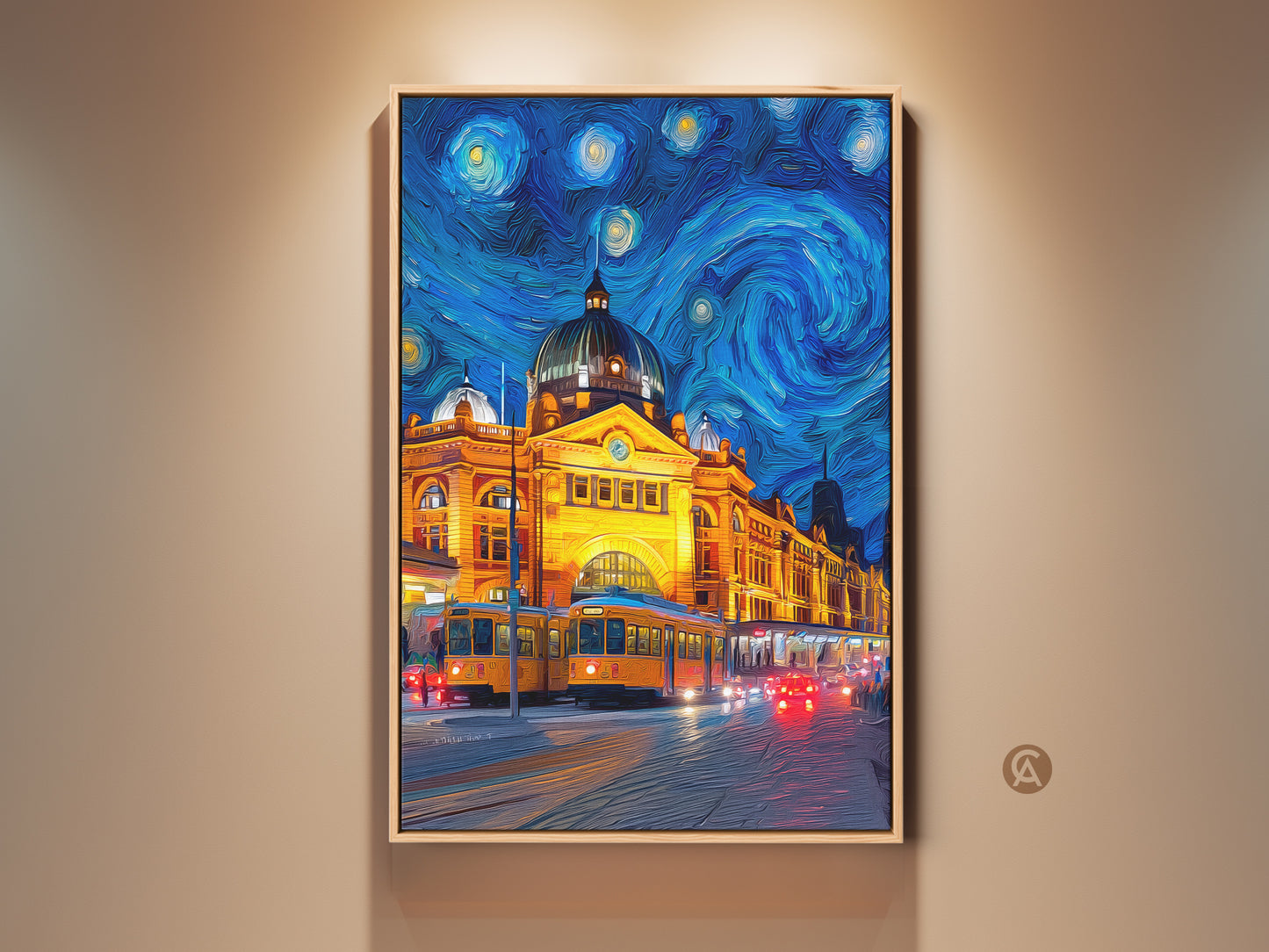 Framed canvas artwork of Flinders Street Station in Melbourne. The artwork is in a Starry Night style. The artwork is ready to hang. The frame is a natural wood color. This artwork would look great in any home or office.