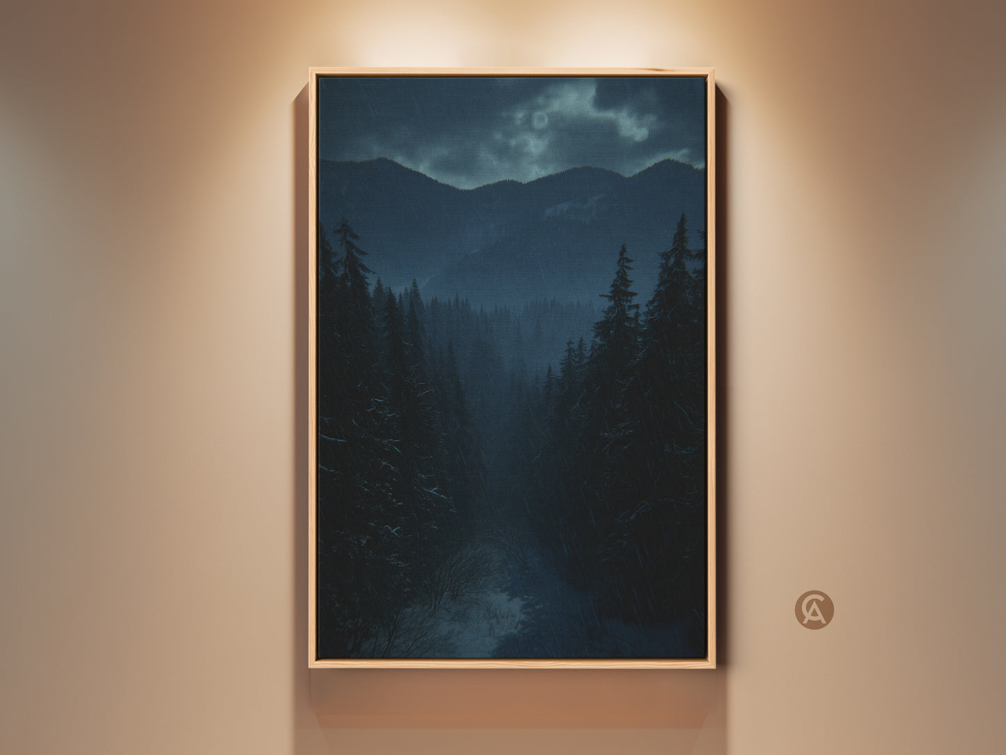 Framed deep blue forest and mountain canvas art. Rustic winter landscape wall art is displayed. The teal nature artwork creates cozy home decor. The frame is light wood.