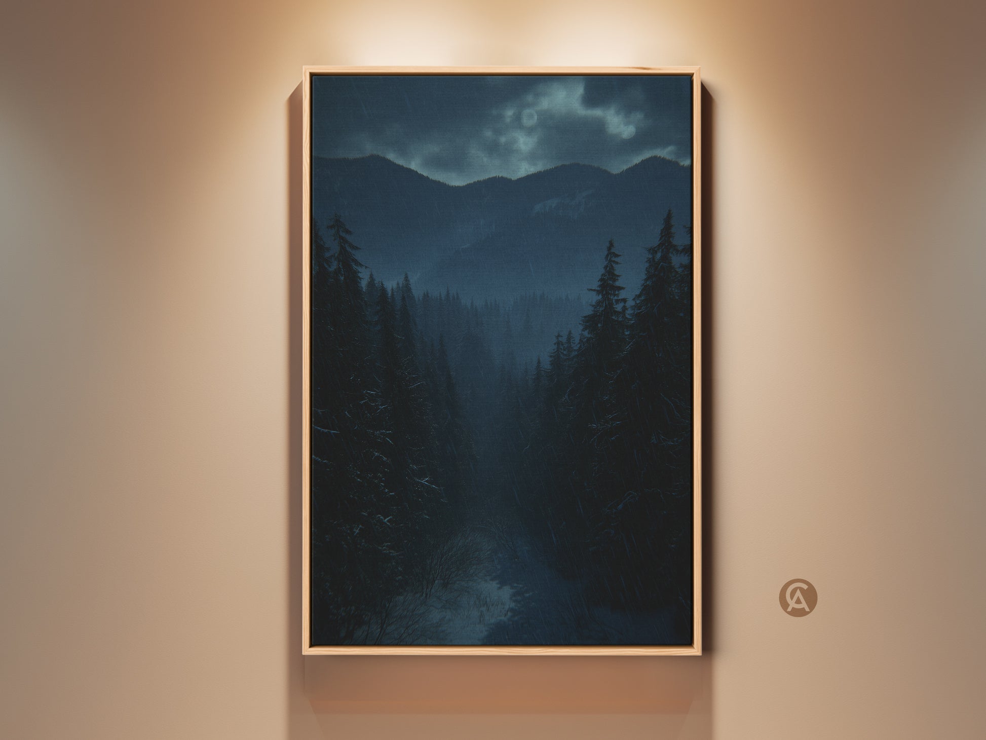 Framed deep blue forest and mountain canvas art. Rustic winter landscape wall art is displayed. The teal nature artwork creates cozy home decor. The frame is light wood.
