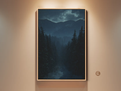 Framed deep blue forest and mountain canvas art. Rustic winter landscape wall art is displayed. The teal nature artwork creates cozy home decor. The frame is light wood.