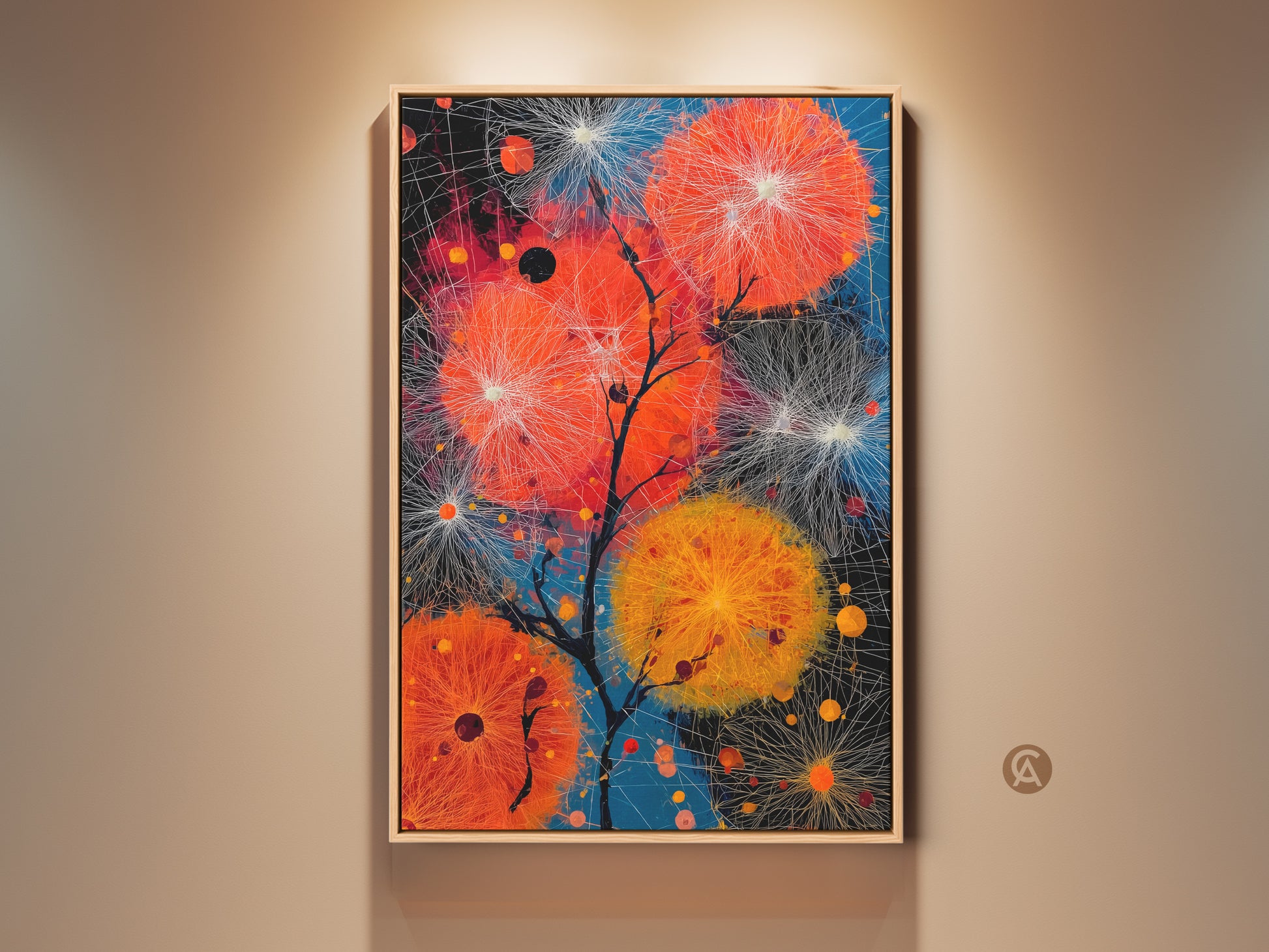 Framed orange & blue dandelion abstract artwork displayed on a neutral wall. A contemporary living room print that adds a modern touch. Nature inspired wall decor with vivid colors. Perfect as a unique housewarming gift or a special treat for art enthusiasts.