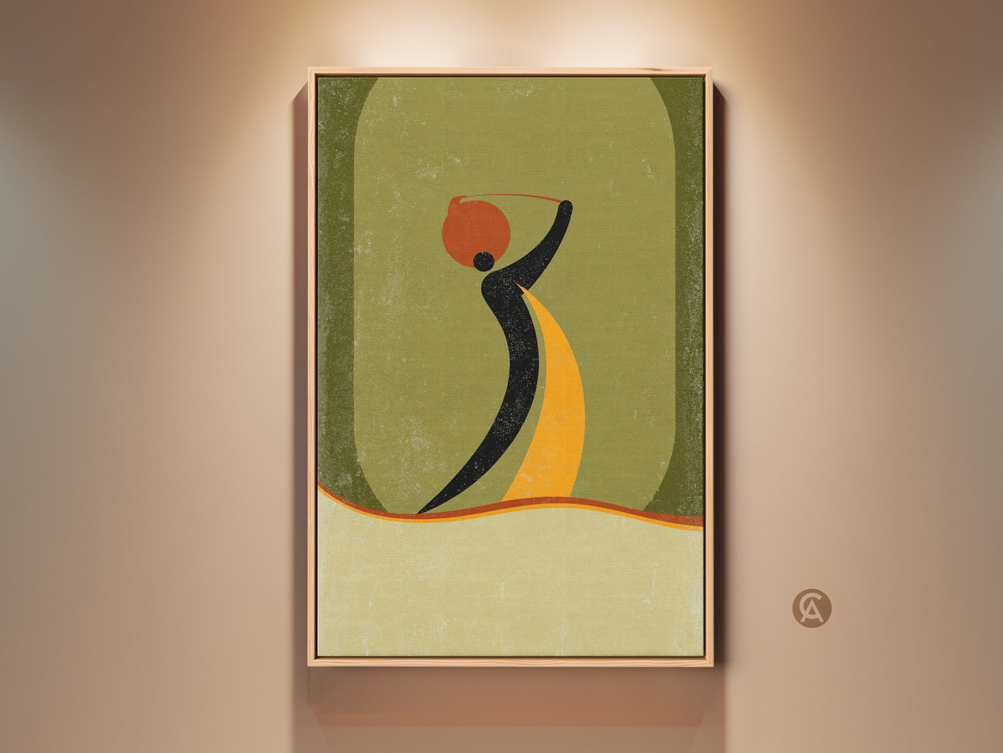 Framed boho wall art print featuring an abstract woman carrying a pot. Mid-century modern decor in orange yellow and green art adds a unique touch. This entryway home gift brings cultural charm to any space.