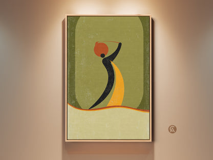 Framed boho wall art print featuring an abstract woman carrying a pot. Mid-century modern decor in orange yellow and green art adds a unique touch. This entryway home gift brings cultural charm to any space.