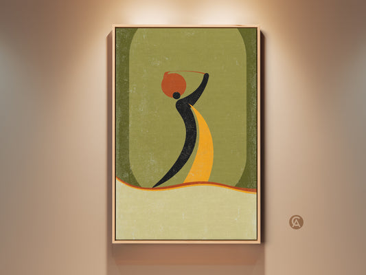 Framed boho wall art print featuring an abstract woman carrying a pot. Mid-century modern decor in orange yellow and green art adds a unique touch. This entryway home gift brings cultural charm to any space.