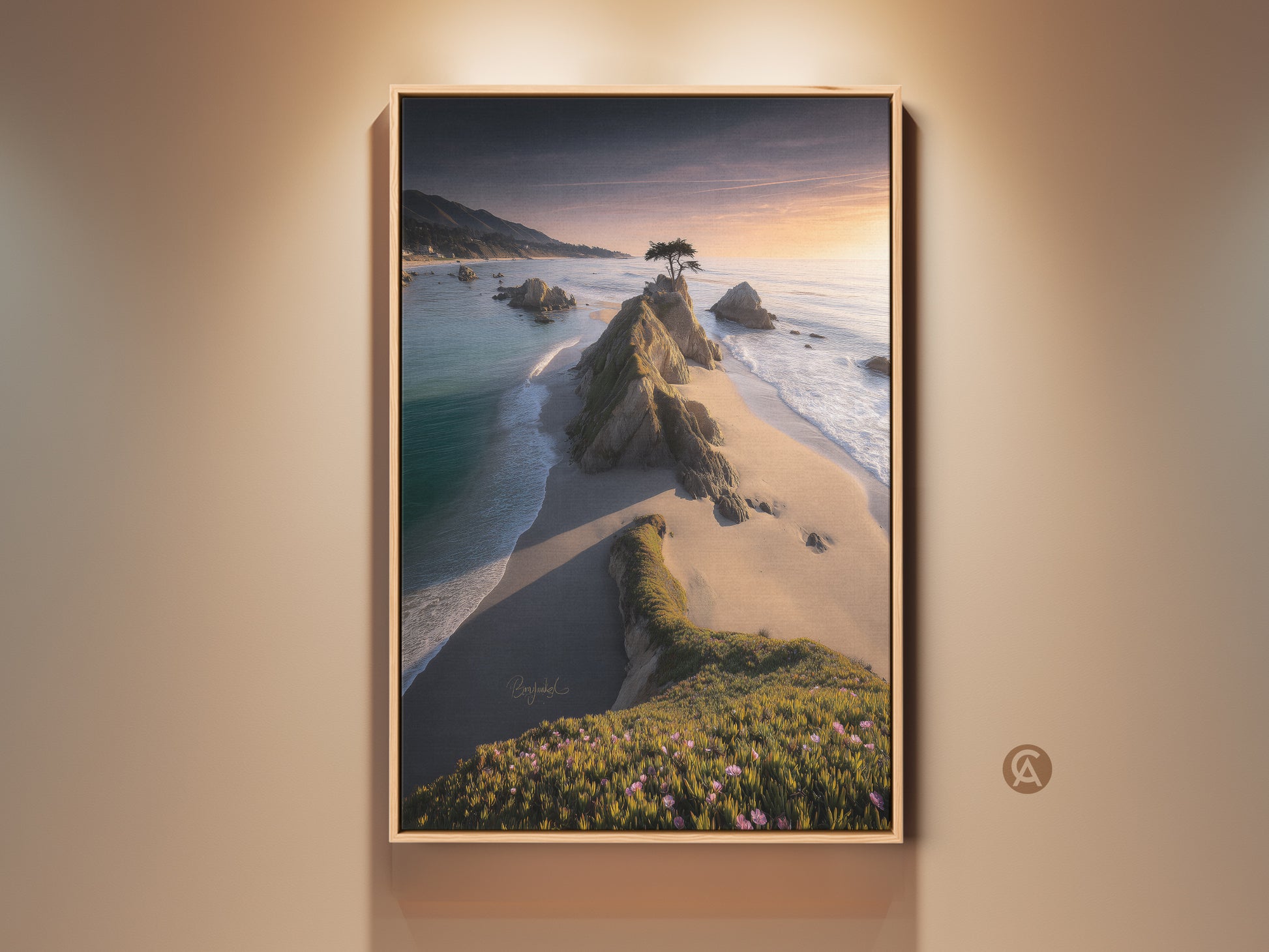 Framed beach sunset canvas art featuring a lone tree on a rocky coast. This coastal landscape print captures the golden hour with teal ocean hues. Perfect as serene home decor. A captivating housewarming gift art for beach lovers. The scenic nature print brings coastal beauty indoors.