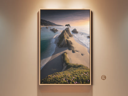 Framed beach sunset canvas art featuring a lone tree on a rocky coast. This coastal landscape print captures the golden hour with teal ocean hues. Perfect as serene home decor. A captivating housewarming gift art for beach lovers. The scenic nature print brings coastal beauty indoors.