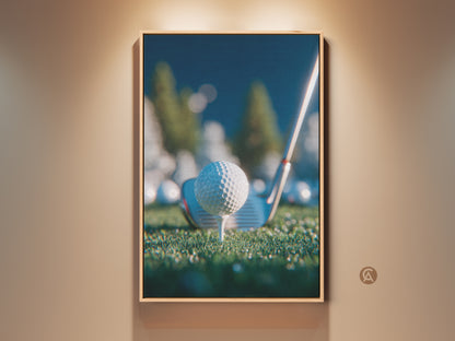 Close-up of a golf ball on a tee ready for a swing. Golf club is positioned behind it. This sports artwork brings the love of the game to any wall. Perfect for a den or office. Buy this framed or canvas print today.