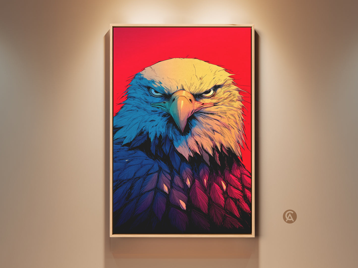 Framed Bald Eagle Canvas Print adorns a neutral wall. This wildlife artwork features a close-up portrait. Its vibrant red background enhances the bird's fierce gaze. A bold illustration style adds a patriotic touch to any space. The yellow blue and red hues capture the American spirit. Perfect for home or office decor. It shows animal art in a contemporary graphic style.