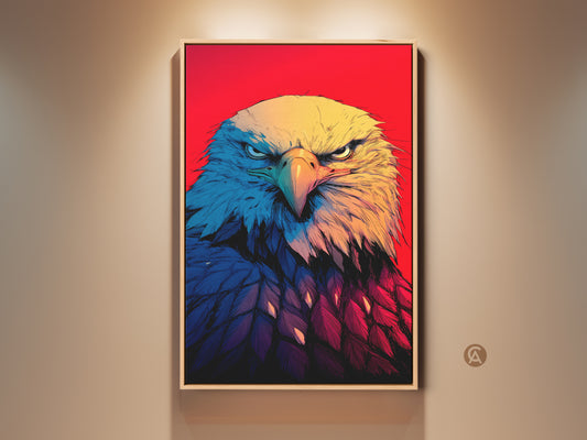 Framed Bald Eagle Canvas Print adorns a neutral wall. This wildlife artwork features a close-up portrait. Its vibrant red background enhances the bird's fierce gaze. A bold illustration style adds a patriotic touch to any space. The yellow blue and red hues capture the American spirit. Perfect for home or office decor. It shows animal art in a contemporary graphic style.