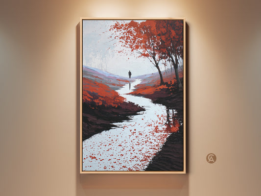 Framed contemporary landscape art features a solitary figure. The person is walking along a red orange river. This nature artwork adds modern flair. It is perfect as wall decor or a housewarming gift.