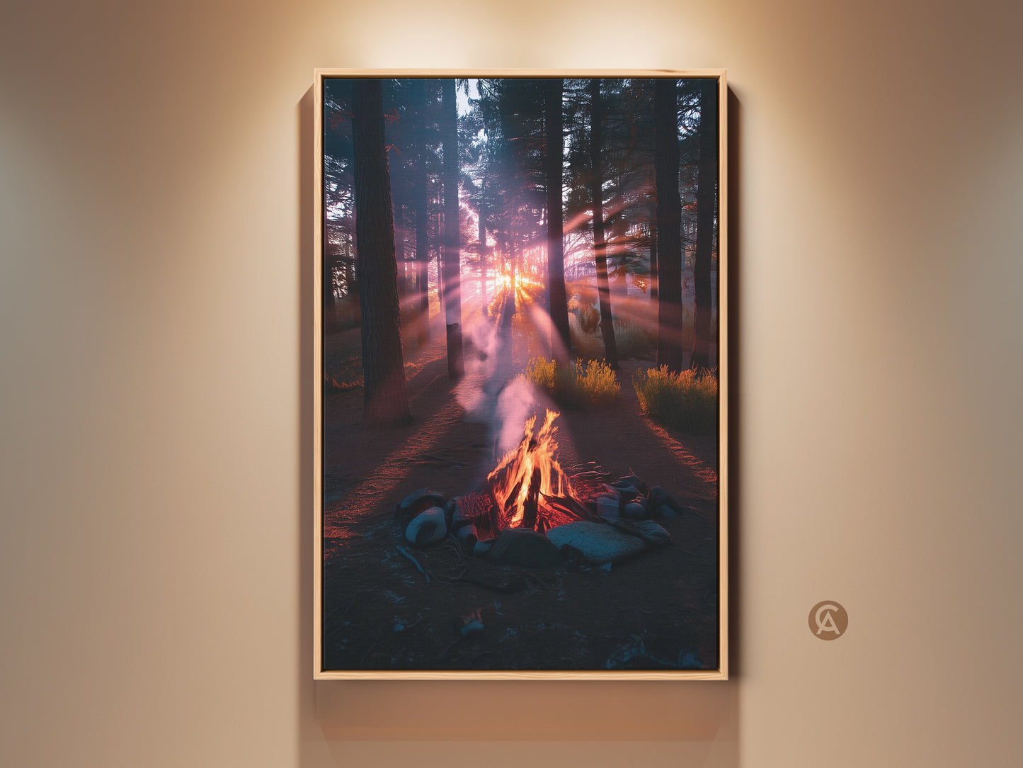 Rustic campfire forest sunset artwork in a wood frame. Golden hour light filters through pine trees. Cozy landscape canvas print for bedroom or living room. Nature artwork brings the beauty of the outdoors in. It makes a thoughtful housewarming gift for campers.