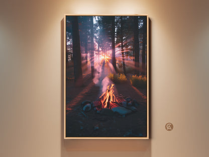 Rustic campfire forest sunset artwork in a wood frame. Golden hour light filters through pine trees. Cozy landscape canvas print for bedroom or living room. Nature artwork brings the beauty of the outdoors in. It makes a thoughtful housewarming gift for campers.