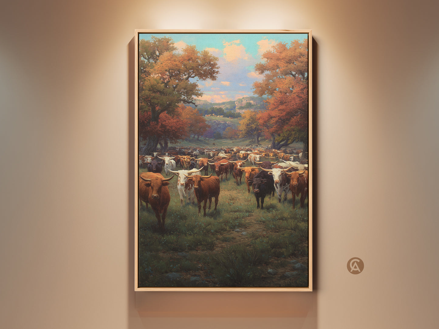 Framed longhorn cattle canvas print displayed in a warm setting. This western landscape wall art features autumn trees in golden brown hues. Ideal farmhouse dining room decor adds rustic charm to any living room. Discover traditional realism painting and country western home decor.