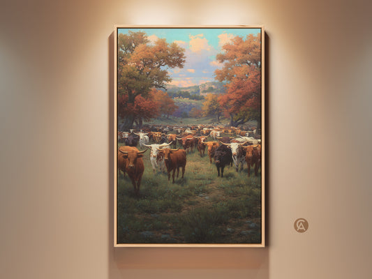 Framed longhorn cattle canvas print displayed in a warm setting. This western landscape wall art features autumn trees in golden brown hues. Ideal farmhouse dining room decor adds rustic charm to any living room. Discover traditional realism painting and country western home decor.