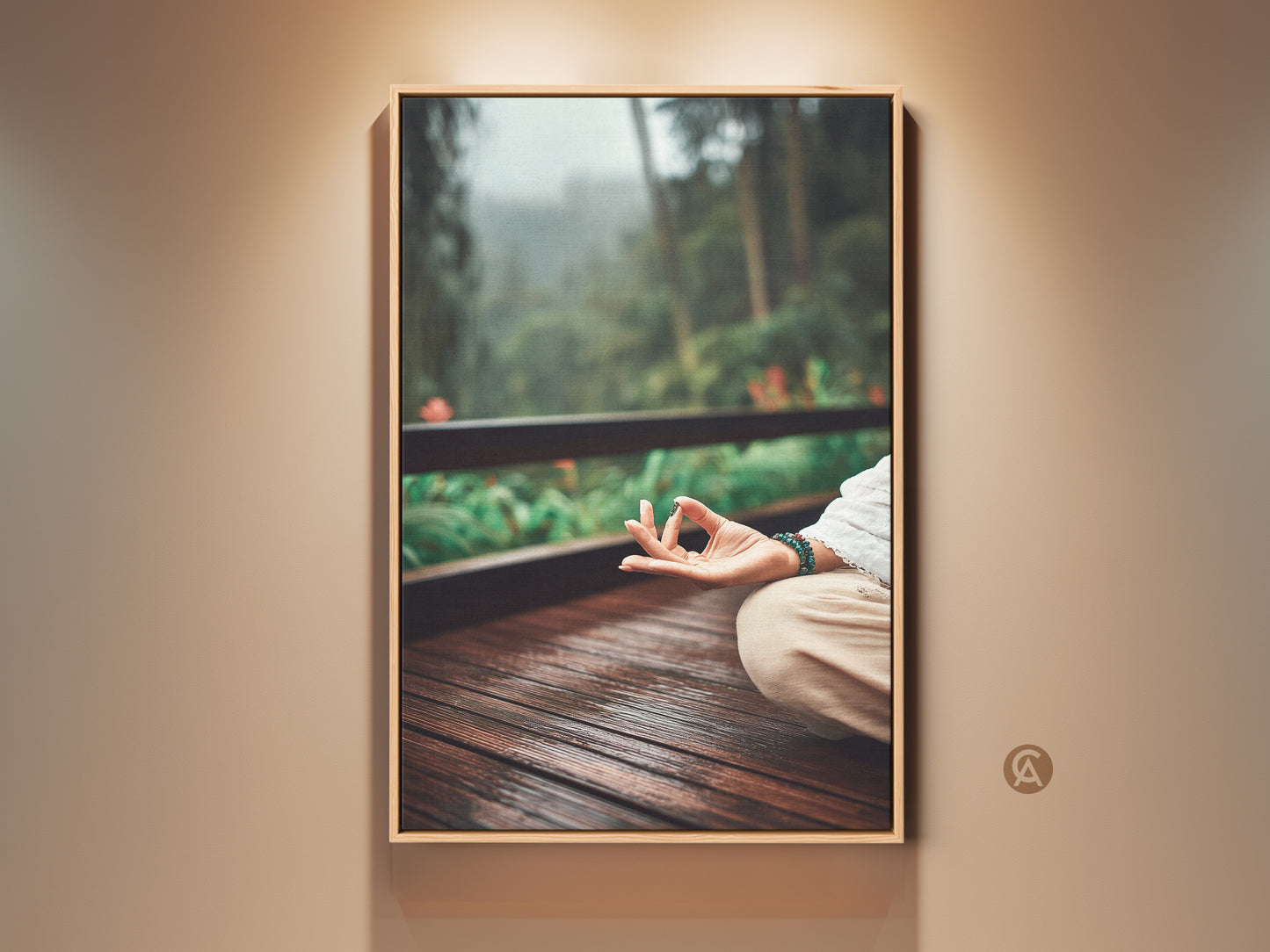 Boho Earth Tones Canvas art showcasing a person in a meditation pose. It is set on a wooden deck with a lush green forest backdrop. This yoga meditation wall art brings nature inside. Perfect for bedroom decor or a thoughtful housewarming gift.