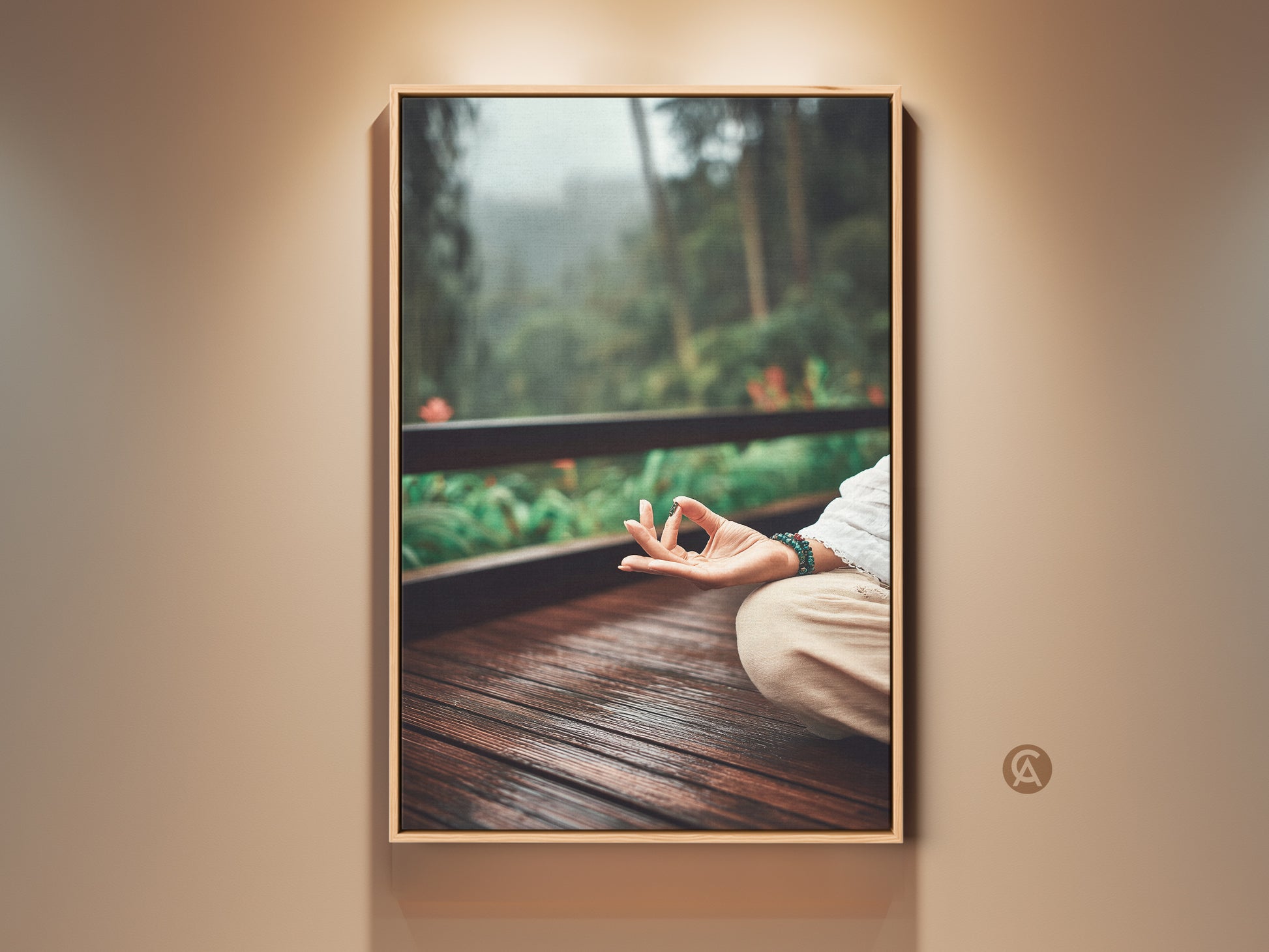 Boho Earth Tones Canvas art showcasing a person in a meditation pose. It is set on a wooden deck with a lush green forest backdrop. This yoga meditation wall art brings nature inside. Perfect for bedroom decor or a thoughtful housewarming gift.
