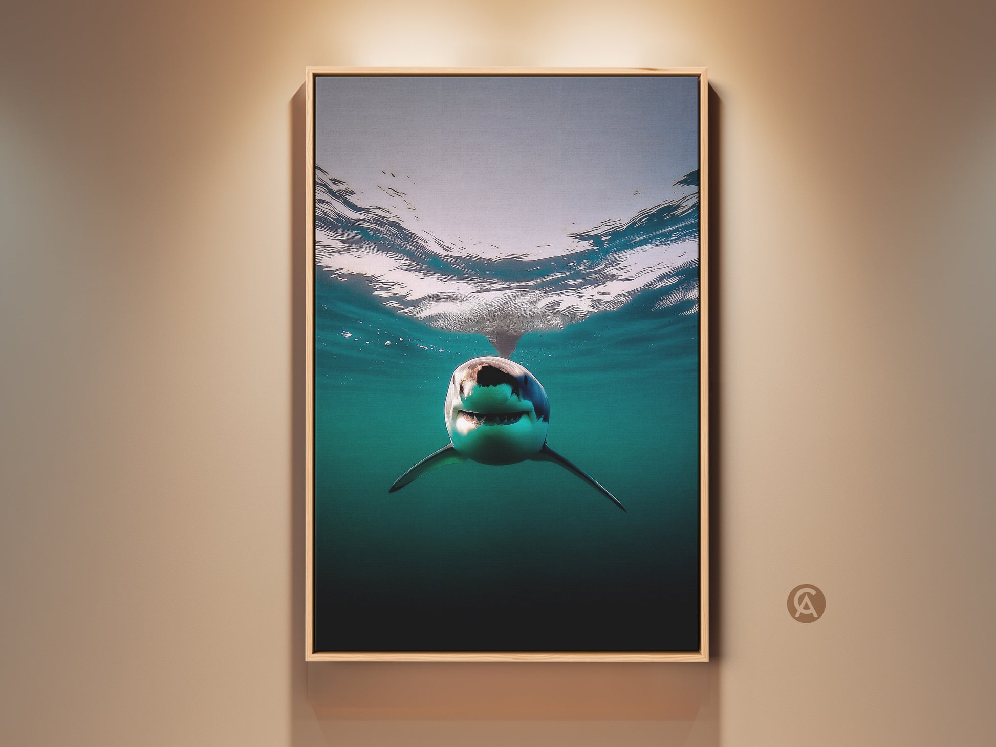 A captivating great white shark canvas print. The underwater ocean artwork features deep blue and teal tones. This contemporary animal art is perfect for home decor. It adds a unique coastal living room decor element. A must-have for shark enthusiasts and ocean lovers seeking modern wall art.