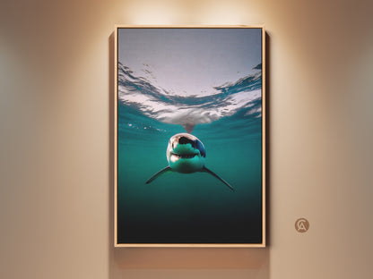 A captivating great white shark canvas print. The underwater ocean artwork features deep blue and teal tones. This contemporary animal art is perfect for home decor. It adds a unique coastal living room decor element. A must-have for shark enthusiasts and ocean lovers seeking modern wall art.