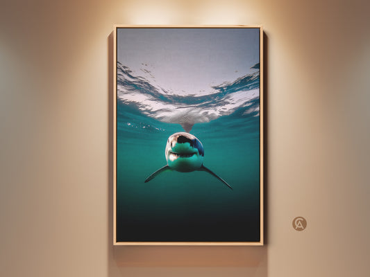 A captivating great white shark canvas print. The underwater ocean artwork features deep blue and teal tones. This contemporary animal art is perfect for home decor. It adds a unique coastal living room decor element. A must-have for shark enthusiasts and ocean lovers seeking modern wall art.